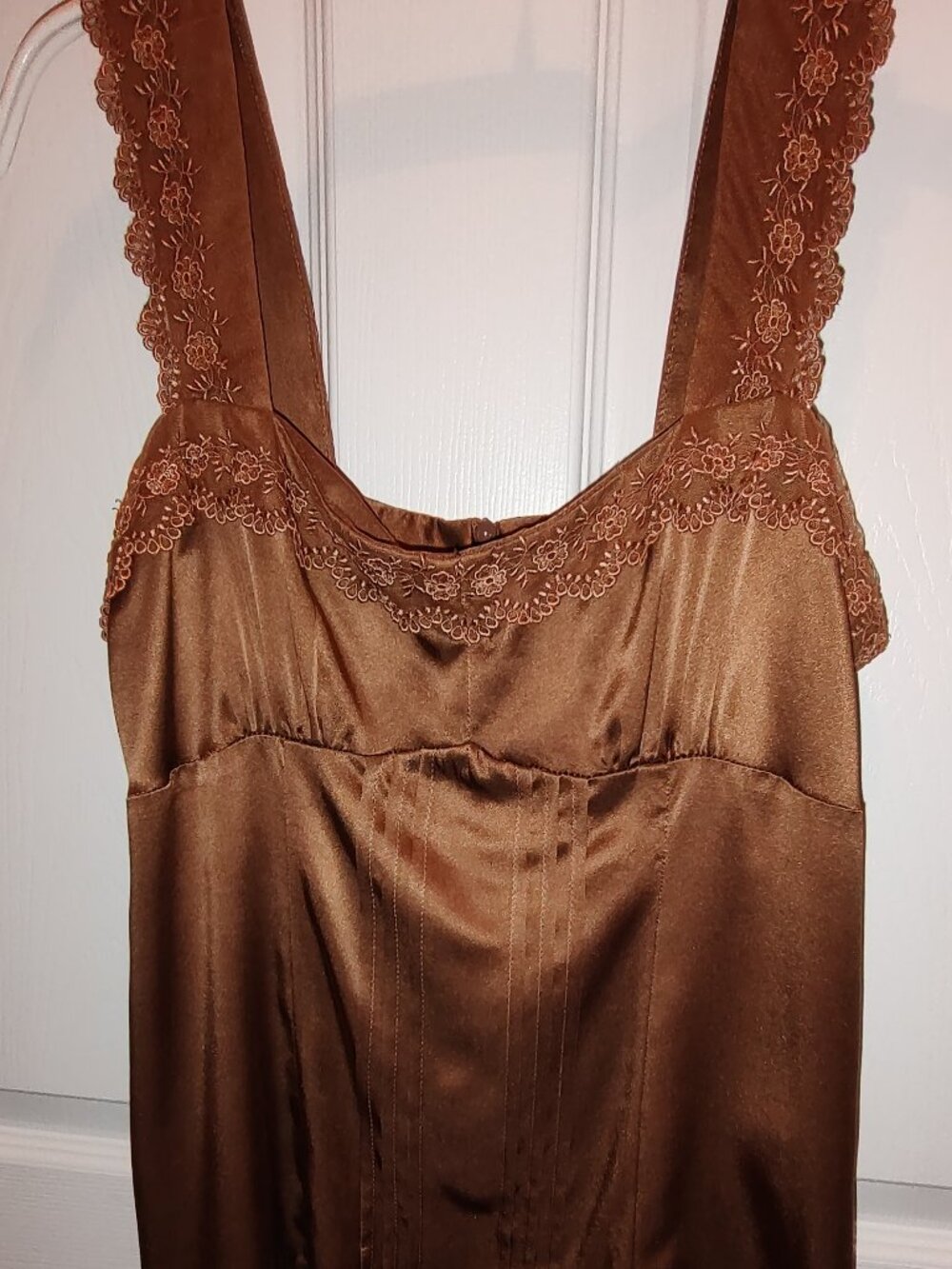 NANETTE LEPORE 100% SILK TANK EMPIRE WAIST WIDE STRAPS SHEER LACE TRIM BRONZE 6